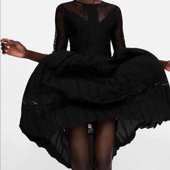 Zara Dresses New Zara Black Pleated Lace Midi Dress Poshmark